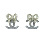 Chanel CC Logo Rhinestone Ribbon Earrings Silver Gold