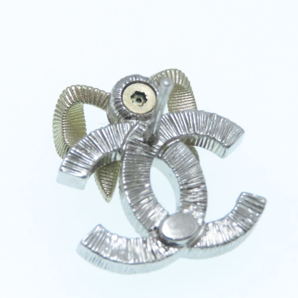 Chanel CC Logo Rhinestone Ribbon Earrings Silver Gold — view 3