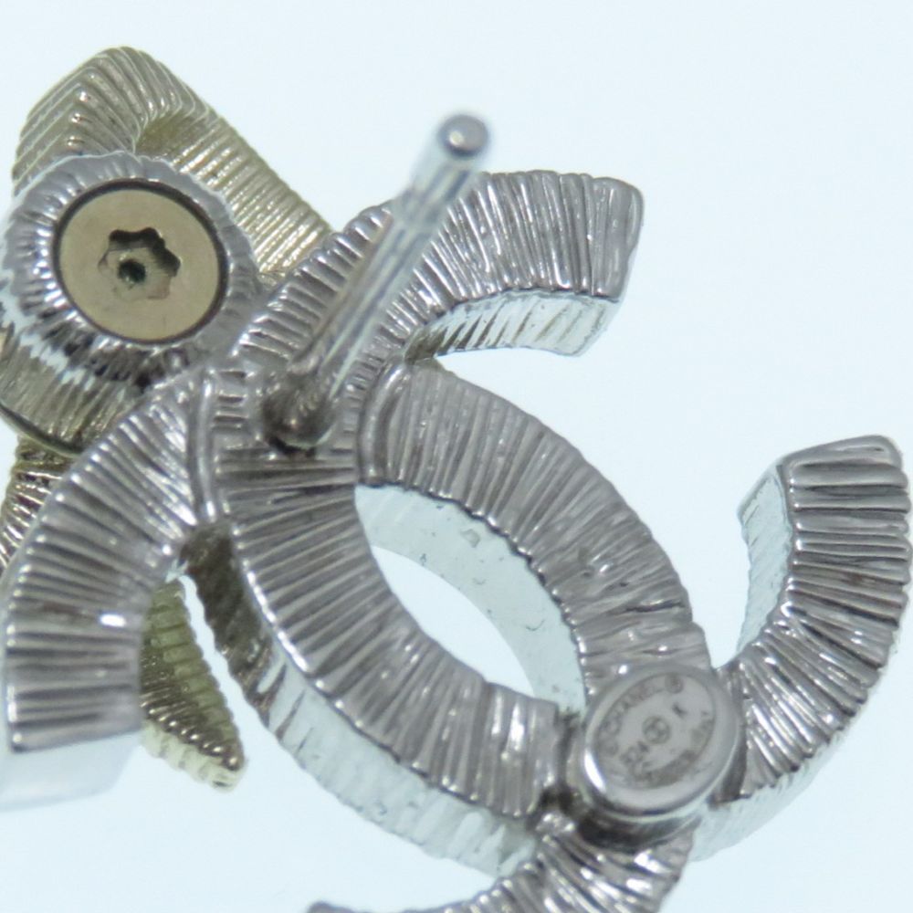 Chanel CC Logo Rhinestone Ribbon Earrings Silver Gold — view 4