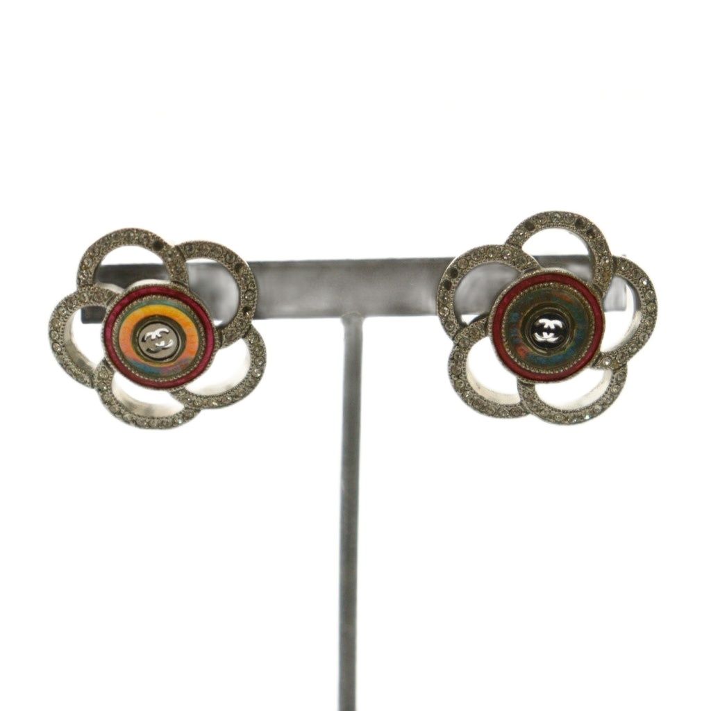 Chanel 17S CC Logo Camellia Motif Rhinestone Earrings Silver Colored