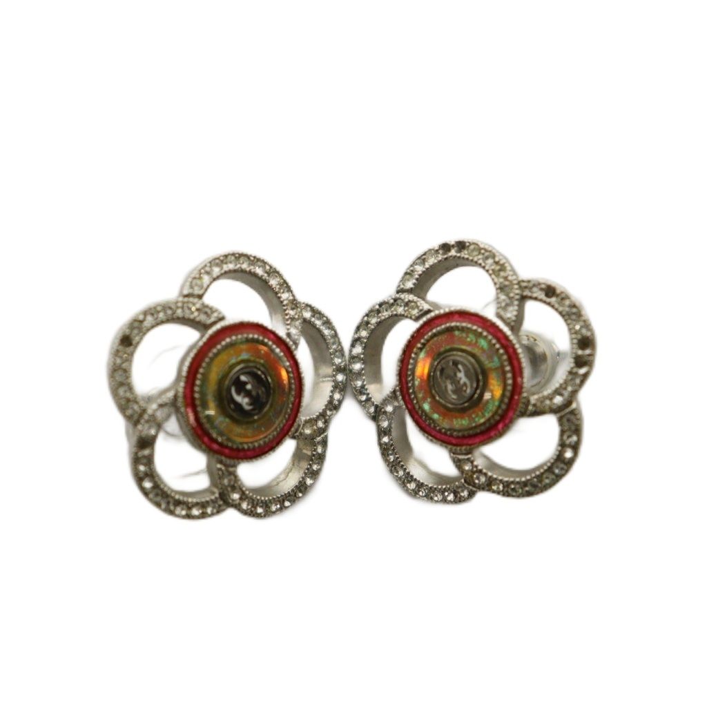 Chanel 17S CC Logo Camellia Motif Rhinestone Earrings Silver Colored — view 4