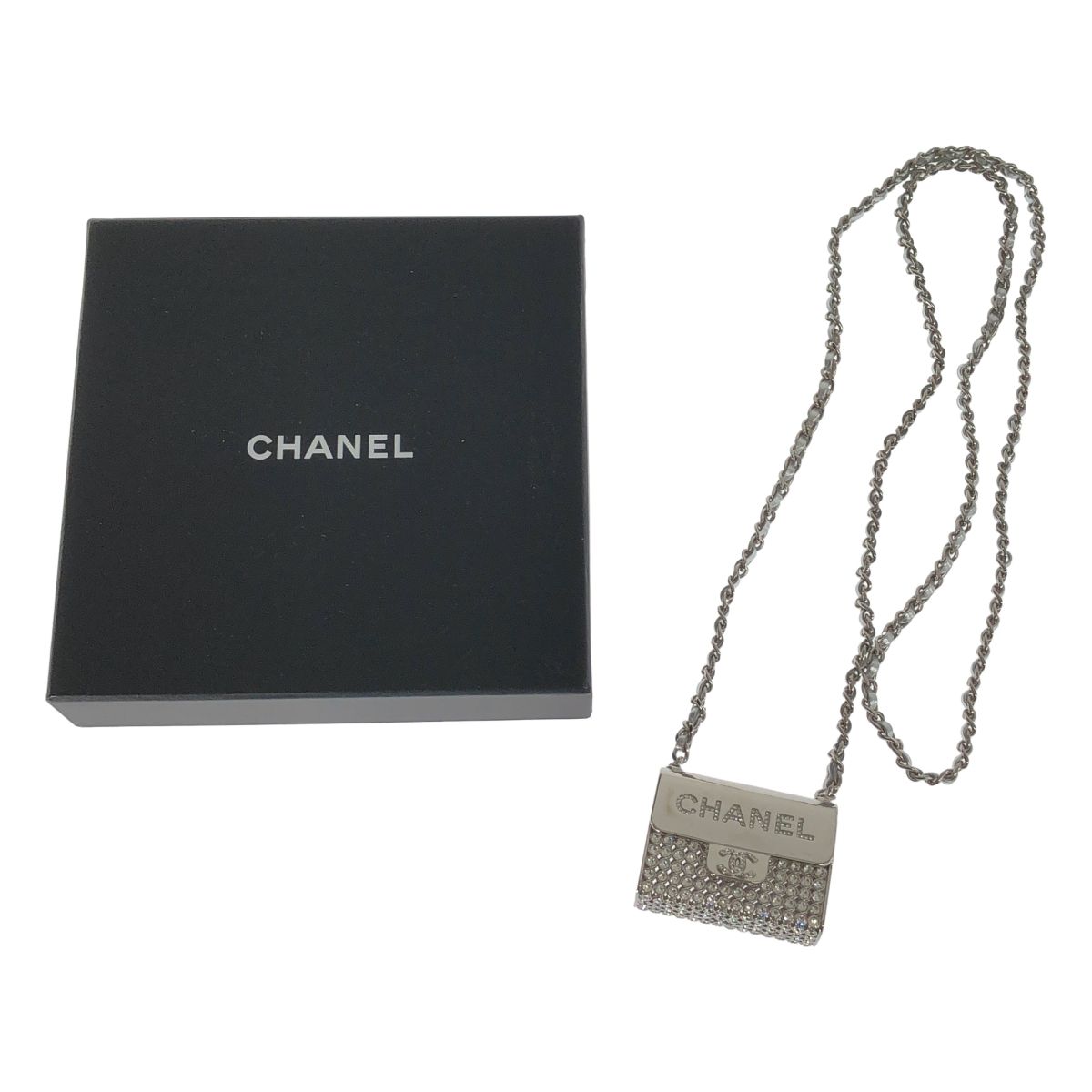 Chanel CC Logo Quilted Bag Necklace Silver