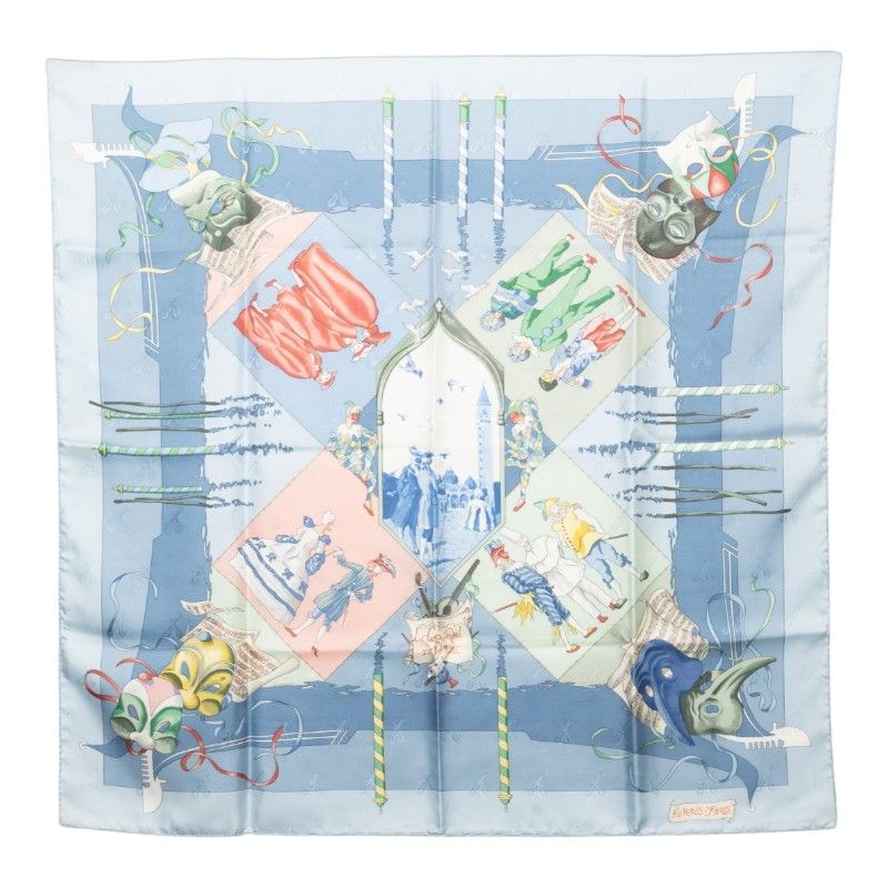 Hermes Carre 90 le Carnaval de Venise Carnival Scarf Blue Multicolor Silk