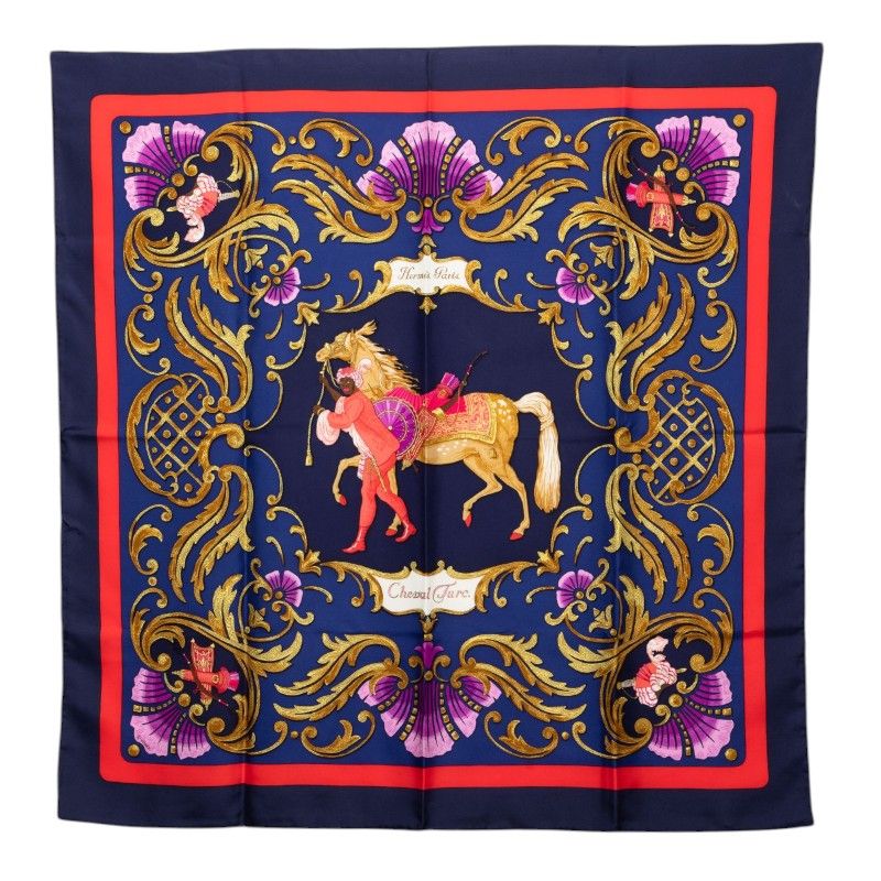 Hermes Carre 90 Cheval Turc Horse Scarf Navy Multicolor Silk