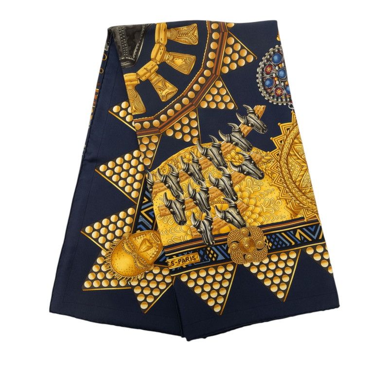 Hermes Carre 90 L'or Des Chefs Gold of the Chiefs Scarf Navy Multicolor Silk — view 6