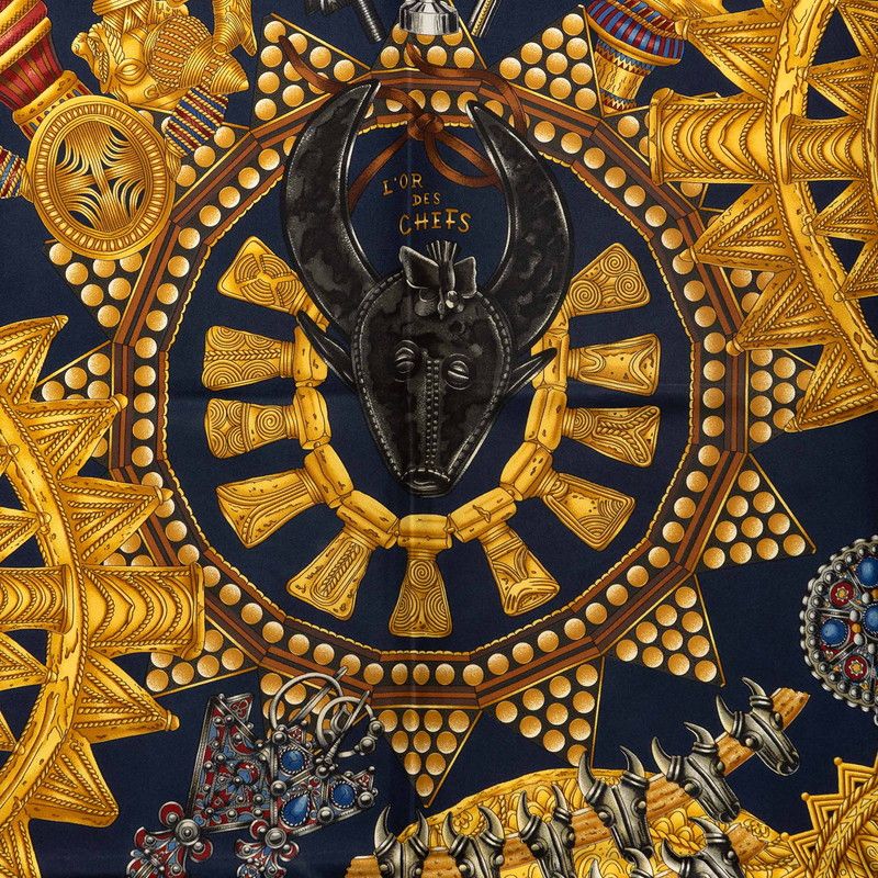 Hermes Carre 90 L'or Des Chefs Gold of the Chiefs Scarf Navy Multicolor Silk — view 5