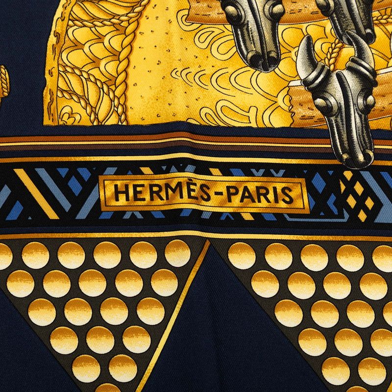 Hermes Carre 90 L'or Des Chefs Gold of the Chiefs Scarf Navy Multicolor Silk — view 2