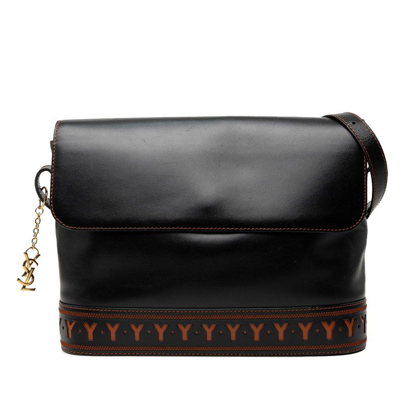 Saint Laurent Vintage Cut Crossbody Shoulder Bag Black Brown Leather