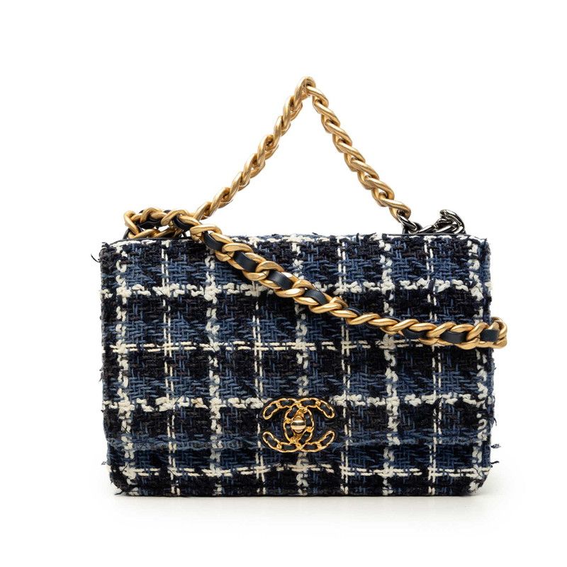 Chanel CC Logo Chanel 19 Chain Shoulder Bag Blue Multicolor Tweed Leather