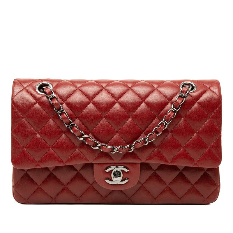 Chanel Quilted CC Logo Double Flap Chain Shoulder Bag Wine Red Silver Lambskin