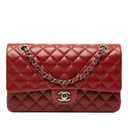 Chanel Quilted CC Logo Double Flap Chain Shoulder Bag Wine Red Silver Lambskin