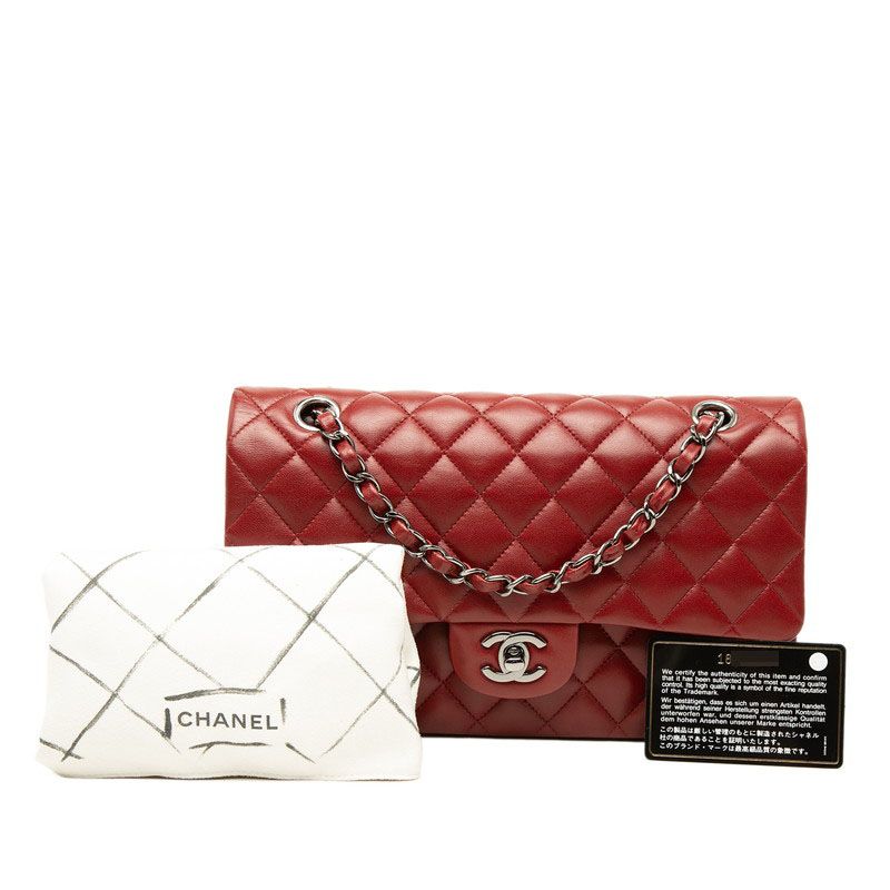 Chanel Quilted CC Logo Double Flap Chain Shoulder Bag Wine Red Silver Lambskin — view 7