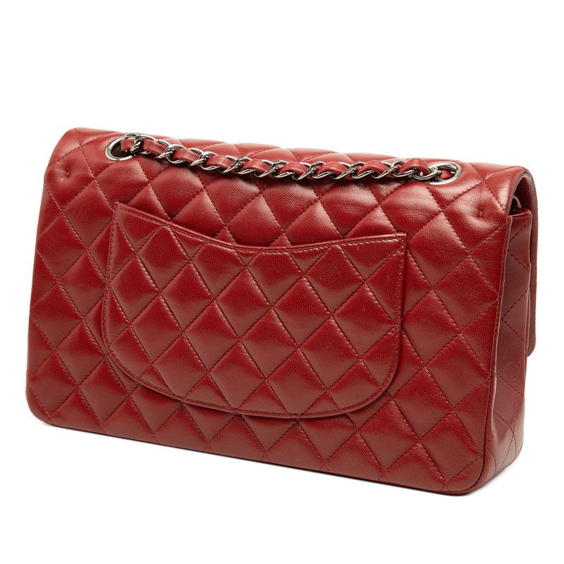 Chanel Quilted CC Logo Double Flap Chain Shoulder Bag Wine Red Silver Lambskin — view 2
