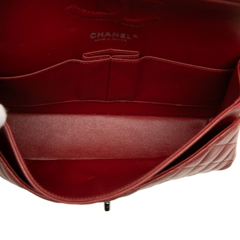 Chanel Quilted CC Logo Double Flap Chain Shoulder Bag Wine Red Silver Lambskin — view 4