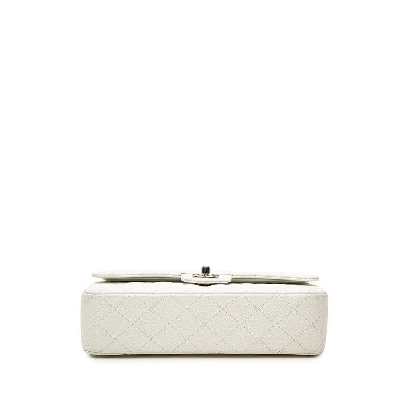 Chanel Quilted CC Logo Double Flap Chain Shoulder Bag White Silver Caviar — view 3