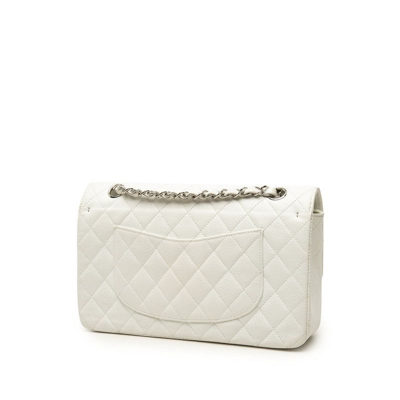Chanel Quilted CC Logo Double Flap Chain Shoulder Bag White Silver Caviar — view 2