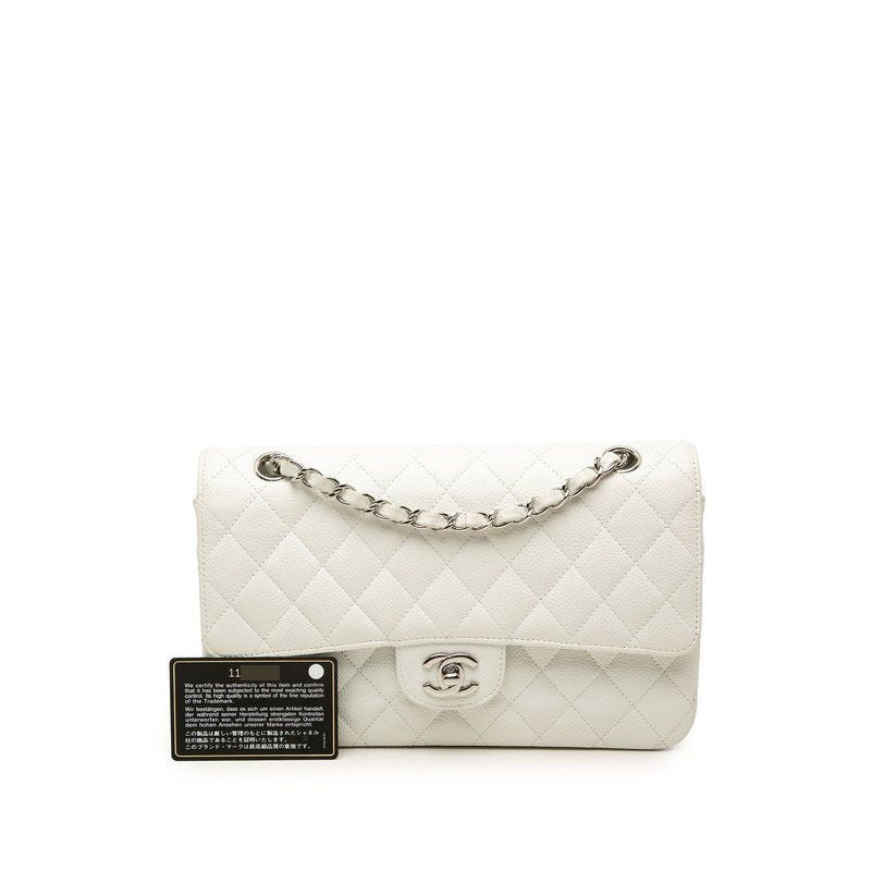 Chanel Quilted CC Logo Double Flap Chain Shoulder Bag White Silver Caviar — view 7