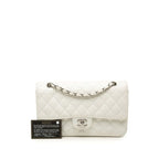 Chanel Quilted CC Logo Double Flap Chain Shoulder Bag White Silver Caviar — view 7