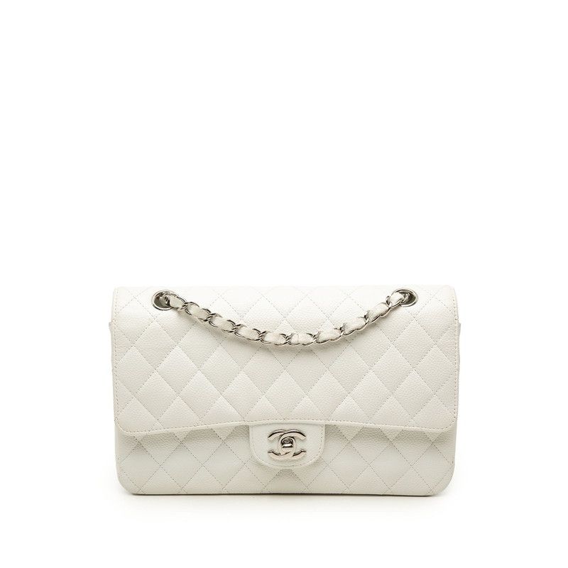 Chanel Quilted CC Logo Double Flap Chain Shoulder Bag White Silver Caviar