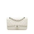 Chanel Quilted CC Logo Double Flap Chain Shoulder Bag White Silver Caviar