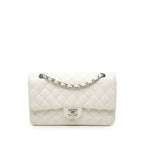 Chanel Quilted CC Logo Double Flap Chain Shoulder Bag White Silver Caviar
