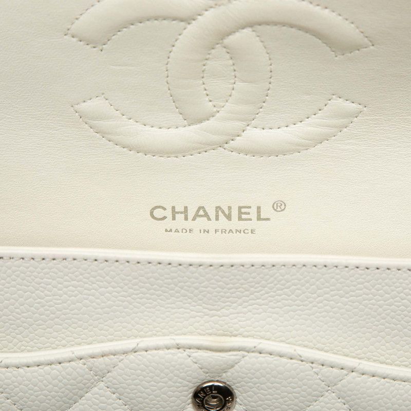 Chanel Quilted CC Logo Double Flap Chain Shoulder Bag White Silver Caviar — view 5