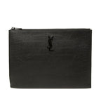 Saint Laurent YSL Logo Embossed Clutch Black Leather