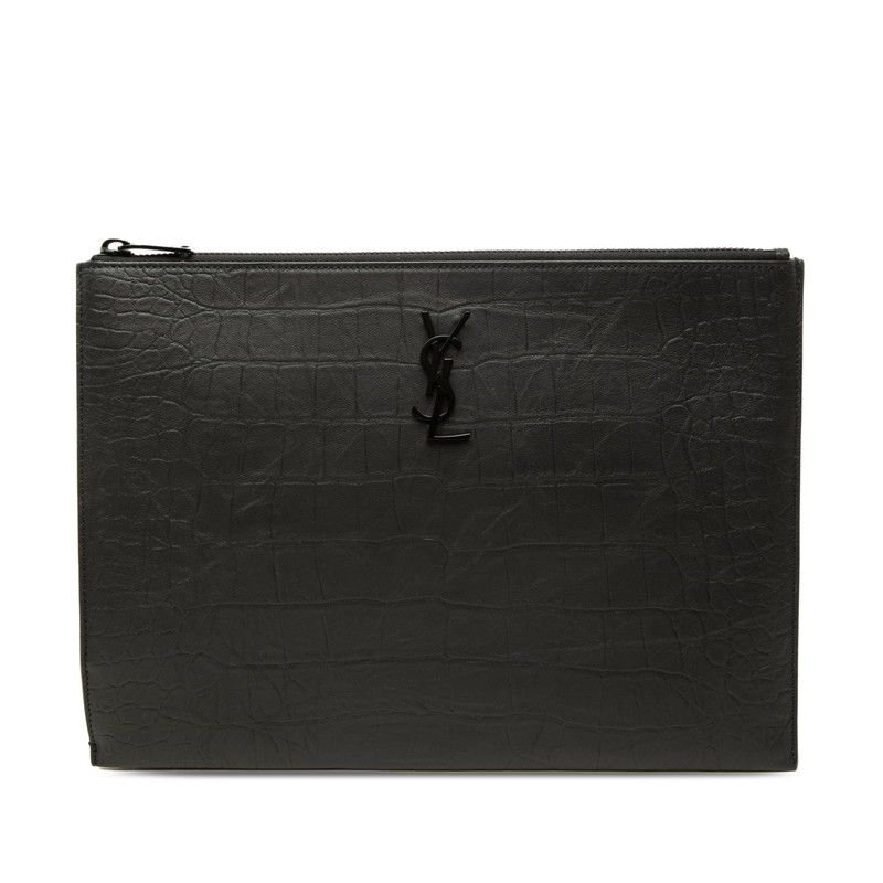 Saint Laurent YSL Logo Embossed Clutch Black Leather
