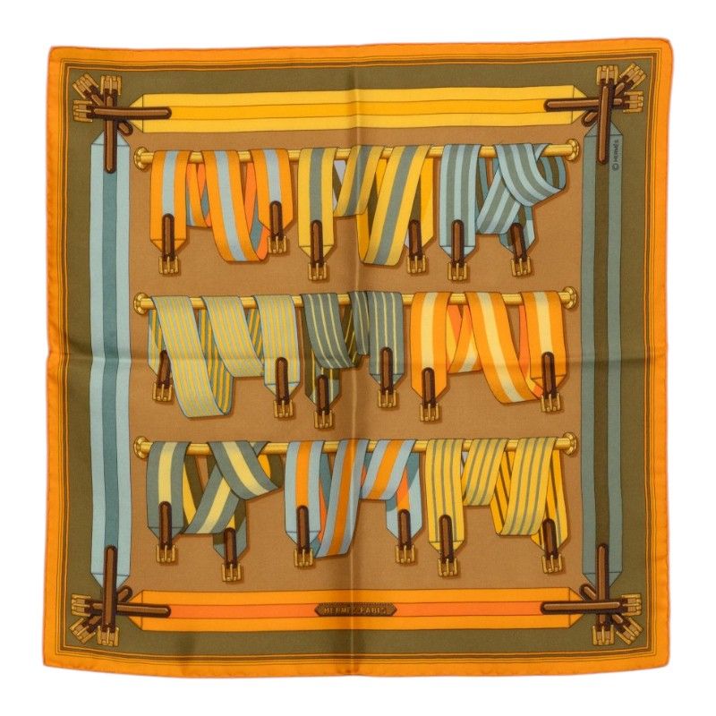 Hermes Petit Carre 42 les Sangle Scarf Yellow Silk