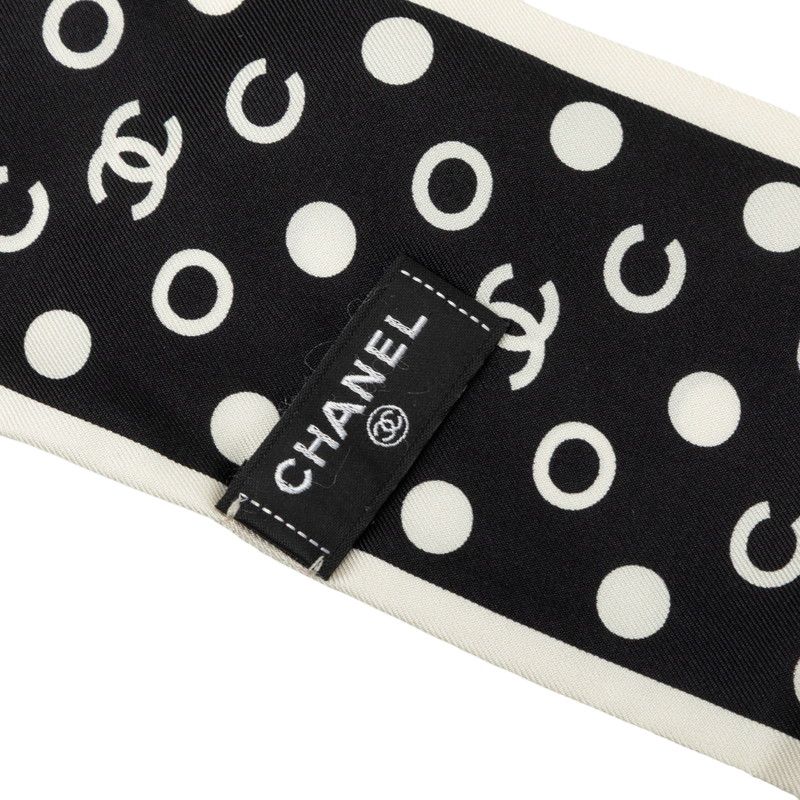 Chanel CC Logo Polka Dot Scarf Black White Silk — view 3