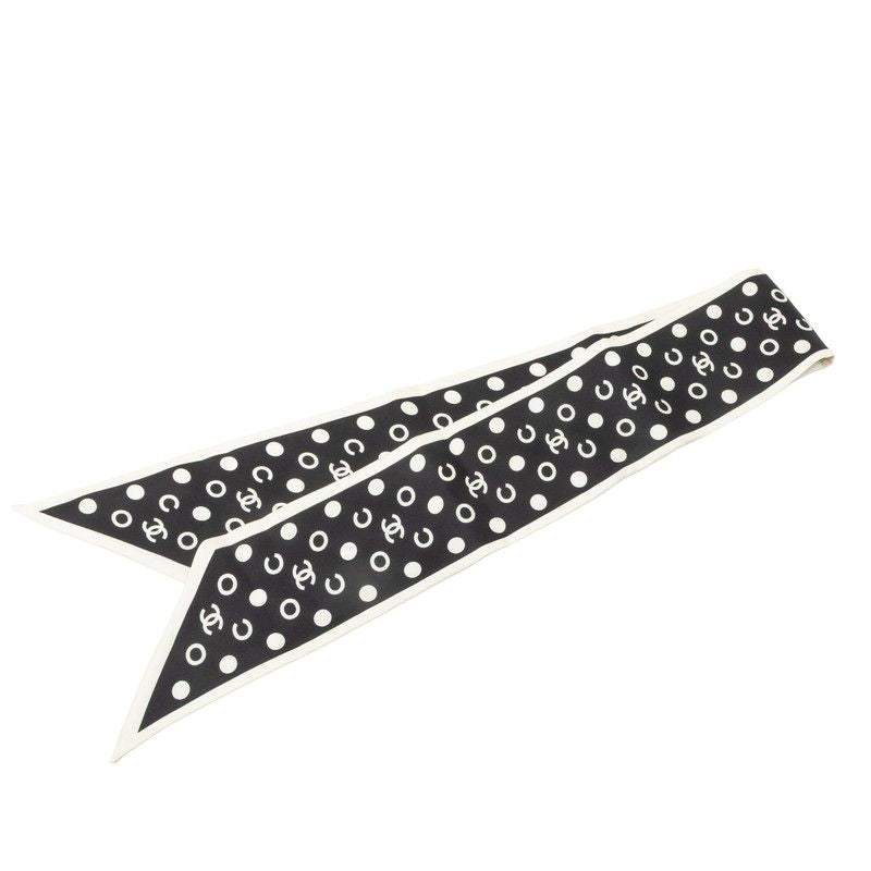 Chanel CC Logo Polka Dot Scarf Black White Silk