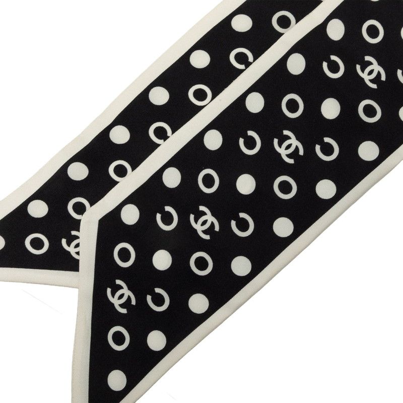 Chanel CC Logo Polka Dot Scarf Black White Silk — view 2