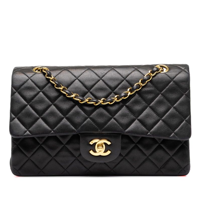 Chanel Quilted 25 CC Logo Double Flap Shoulder Bag Black Gold Lambskin