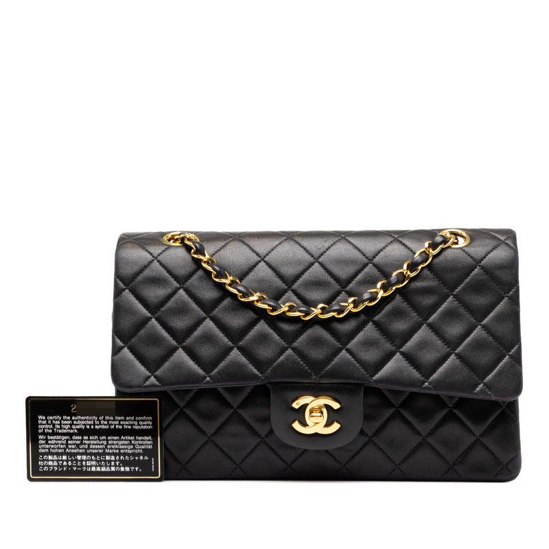 Chanel Quilted 25 CC Logo Double Flap Shoulder Bag Black Gold Lambskin — view 7