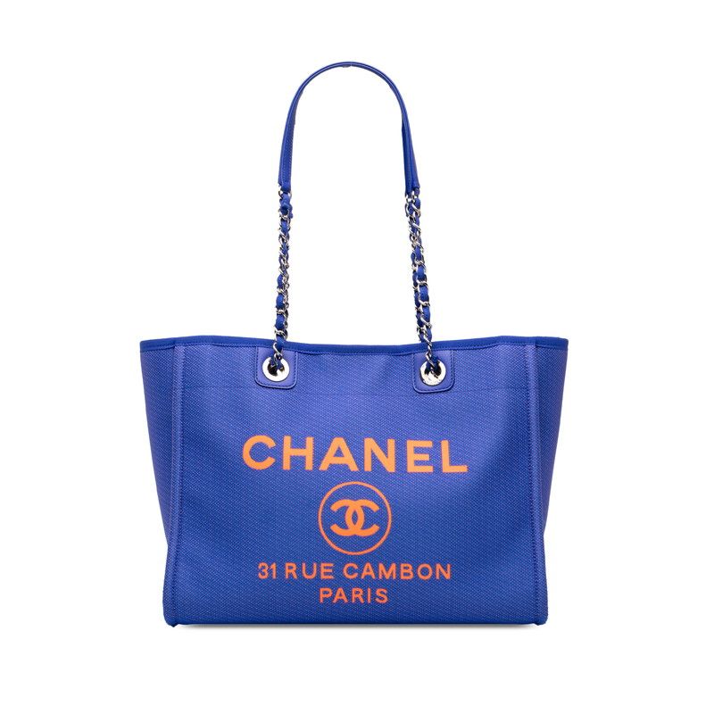 Chanel Deauville MM Chain Tote Bag Blue Orange Canvas Leather