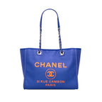 Chanel Deauville MM Chain Tote Bag Blue Orange Canvas Leather