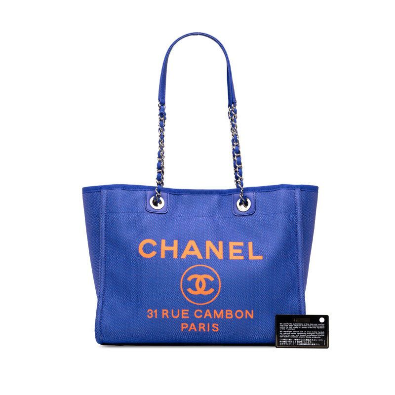 Chanel Deauville MM Chain Tote Bag Blue Orange Canvas Leather — view 7