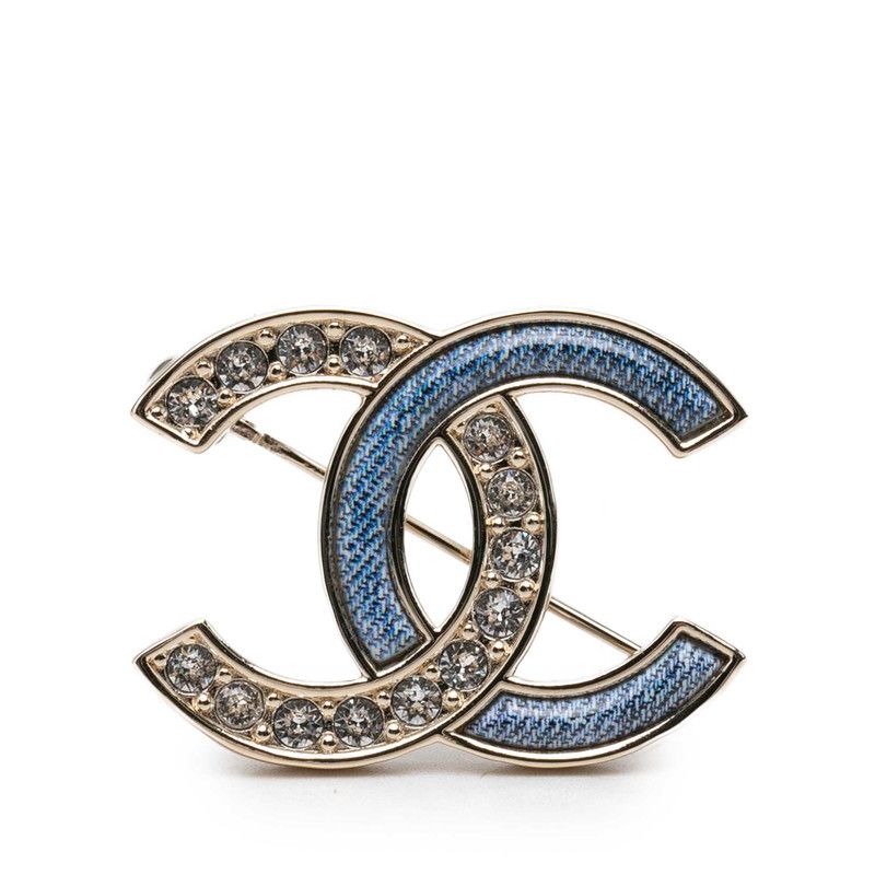 Chanel CC Logo Brooch Gold Blue Plated Rhinestone