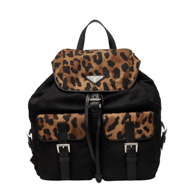 Prada Tessuto Leopard Backpack Black Brown Nylon