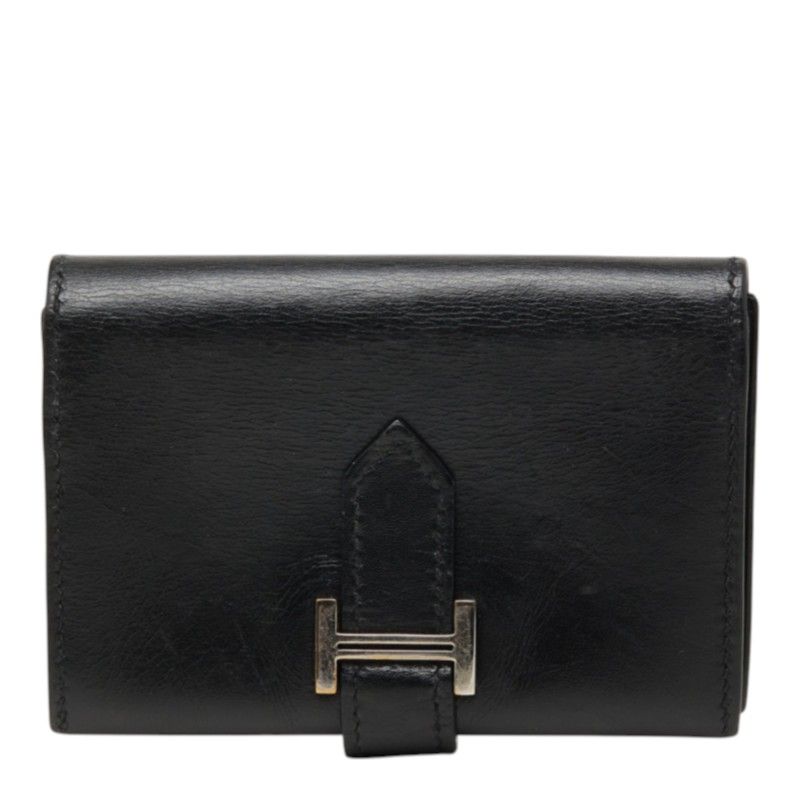 Hermes Bearn Mini Card Case Business Black Silver Box Calf