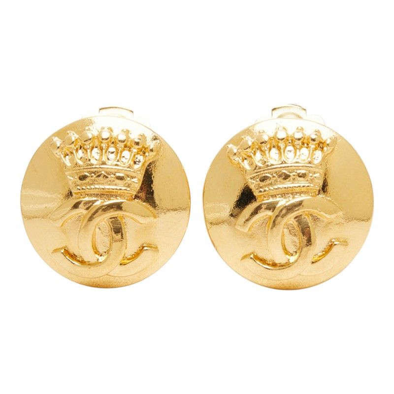 Chanel CC Logo Crown Motif Vintage Earrings 96A Gold Plated