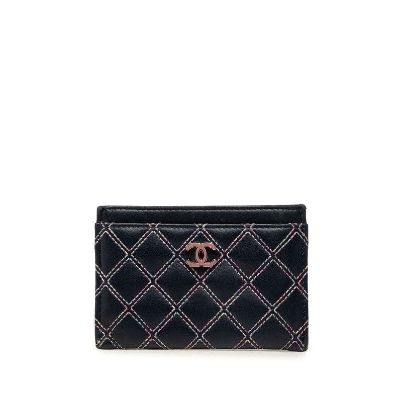 Chanel CC Logo Double Stitch Card Case Navy Multicolor Lambskin