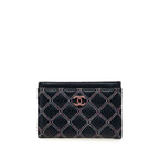 Chanel CC Logo Double Stitch Card Case Navy Multicolor Lambskin