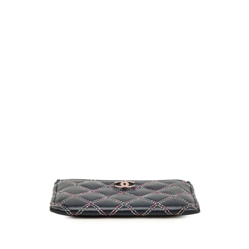 Chanel CC Logo Double Stitch Card Case Navy Multicolor Lambskin — view 3