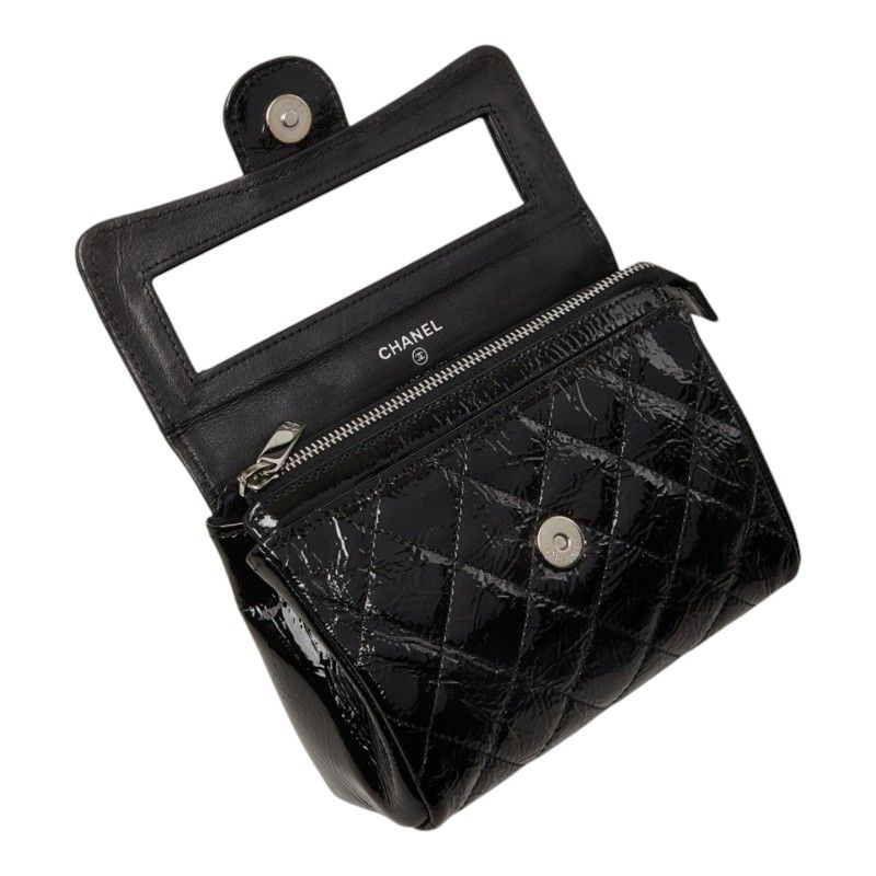 Chanel CC Logo Quilted Pouch Makeup Black Patent — view 6