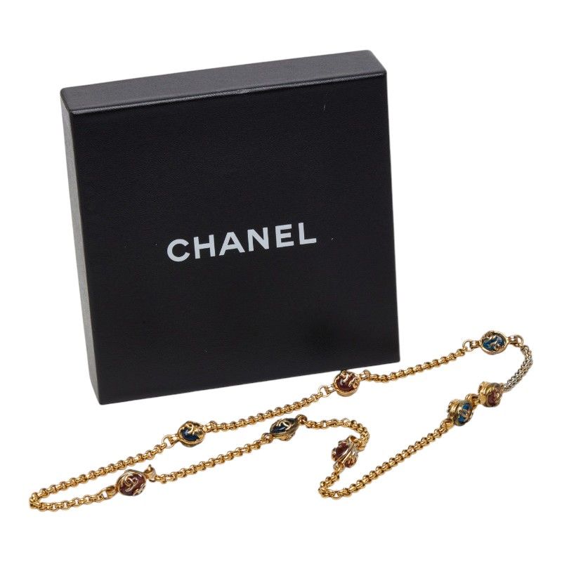 Chanel CC Logo Gripoix Necklace 95A Red Blue Gold Plated Stone — view 6