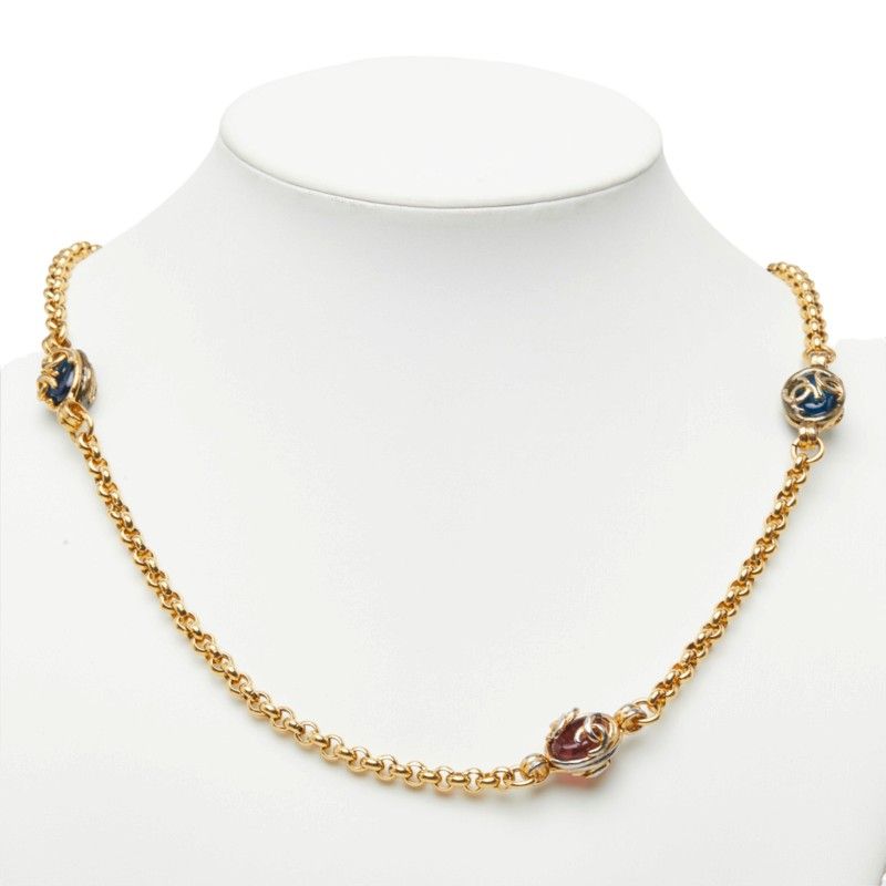Chanel CC Logo Gripoix Necklace 95A Red Blue Gold Plated Stone — view 5
