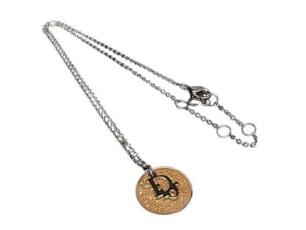 Dior Necklace Swing Logo Circle Silver Orange Metal Glitter
