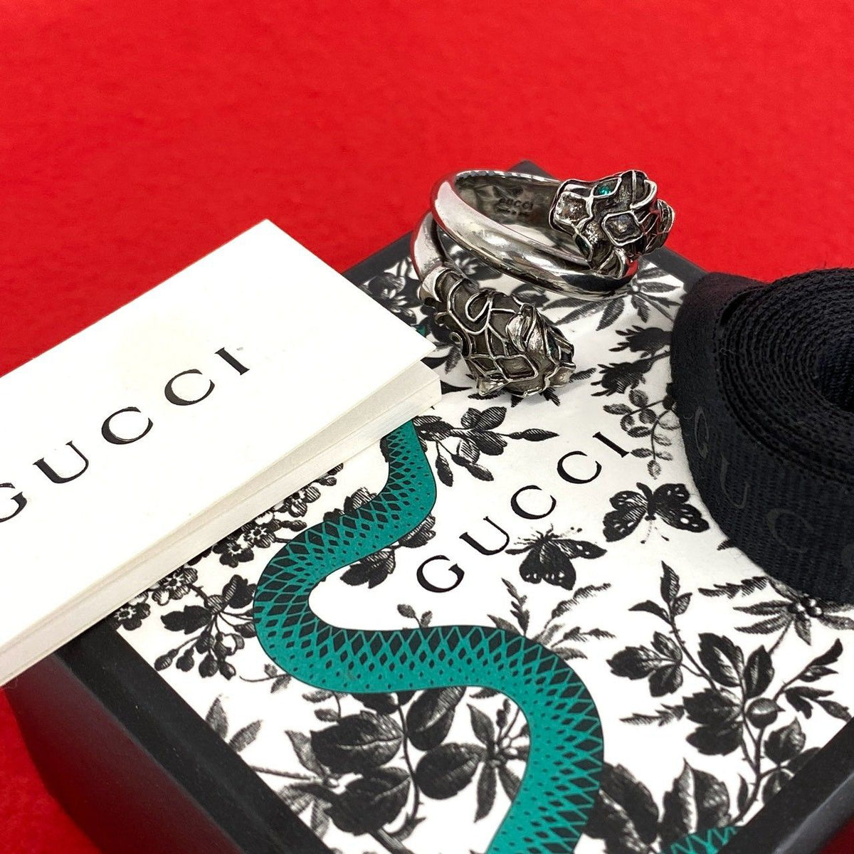 Gucci Double Tiger Head Ring Metal Swarovski Silver