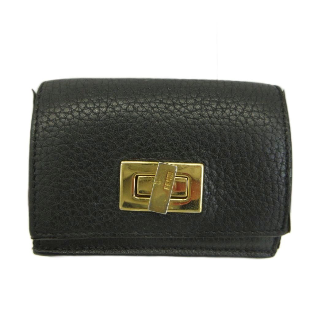 Fendi Peekaboo Wallet Trifold Cowhide Leather Turnlock Logo Gold Black